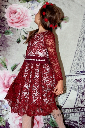 Официална детска рокля с дълъг ръкав в дантела в бордо