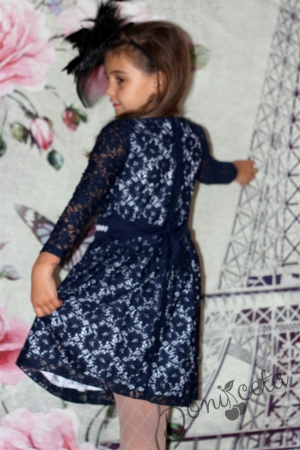 Официална детска рокля с дълъг ръкав в дантела в тъмносиньо 