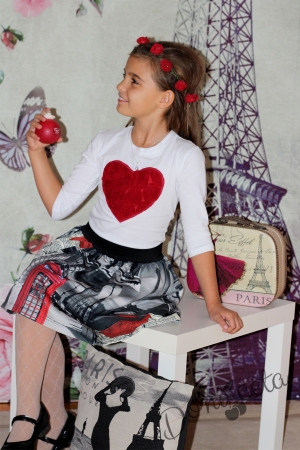Детска/Дамска блуза в бяло със сърце в червено и 7/8 ръкав