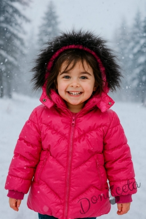 Детско зимно яке за момиче с качулка в циклама 1