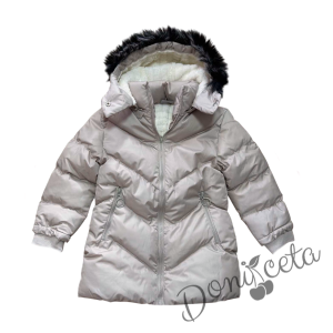 Детско зимно яке за момиче с качулка в бежово 1