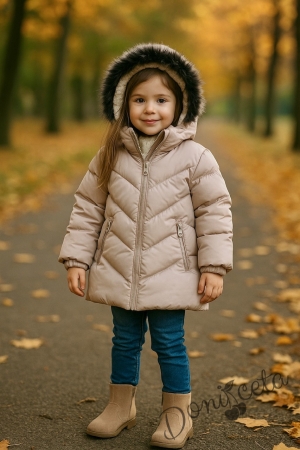 Детско зимно яке за момиче с качулка в бежово