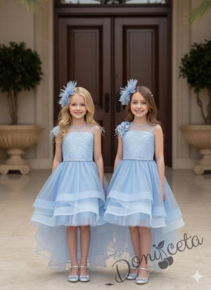 Официална детска рокля в светлосиньо от дантела без ръкав със шлейф Шантал с аксесоар за коса от колекция Светлосия