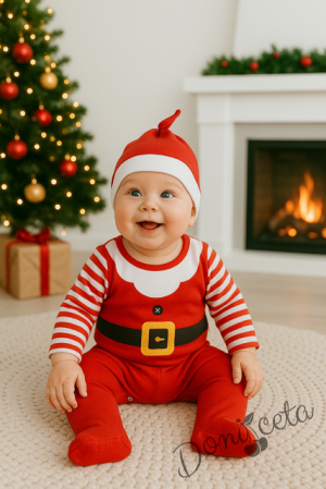Бебешки коледен гащеризон в червено с райе и шапка в червено