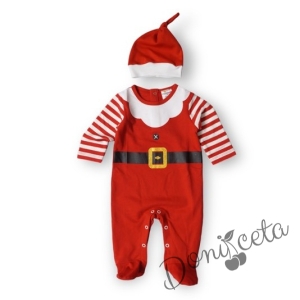 Коледен бебешки гащеризон в червено с райе и шапка1