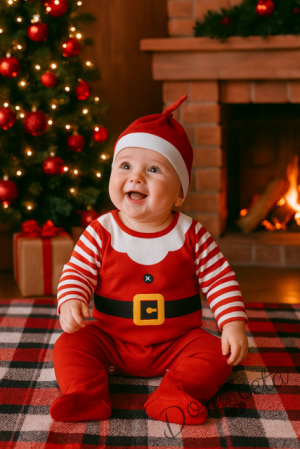 Бебешки коледен гащеризон в червено с райе и шапка в червено