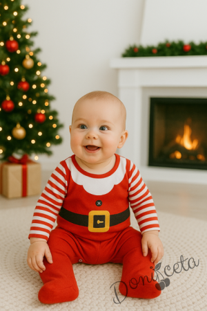 Коледен бебешки гащеризон в червено с райе за момче или момиче