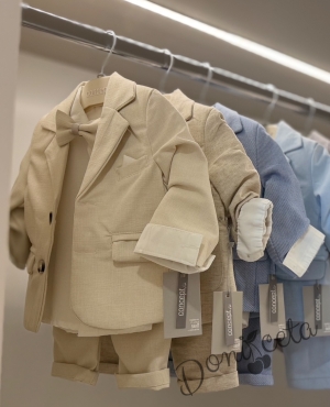 Бебешки комплект за момче от 4 части в бежово - сако, панталон, риза в бяло и папийонка