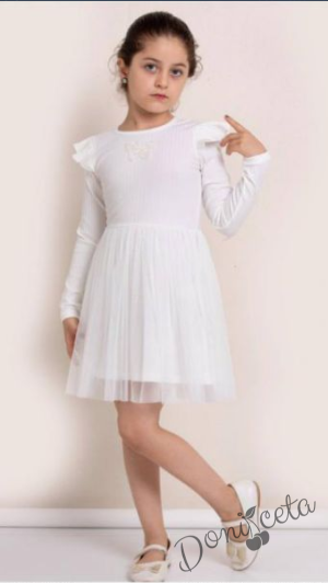 Детска рокля в бяло с дълъг ръкав с пеперуда и тюл
