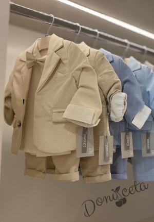 Бебешки комплект за момче от 4 части - сако, панталон, риза и пипийонка в бежово от колекция Бежина