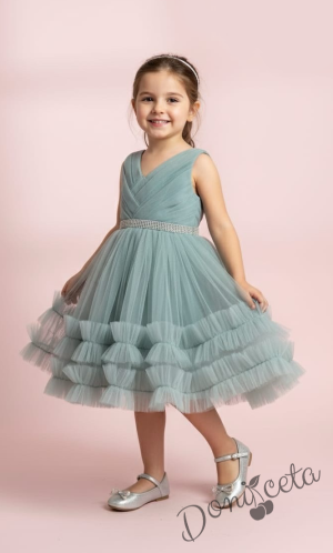 Интересна официална детска/бебешка рокля в тюркоаз с тюл и панделка Тиана 1