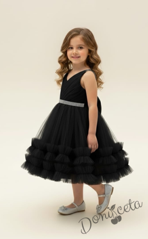 Интересна официална детска/бебешка рокля в черно с тюл и панделка Тиана1