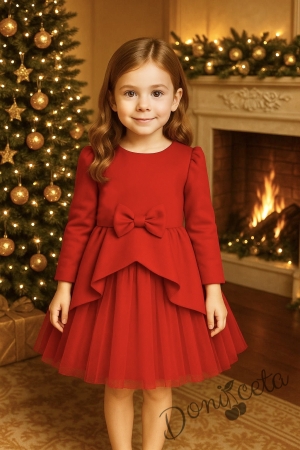 Официална детска рокля Надежда с дълъг ръкав в червено с тюл 1