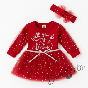 Бебешка коледна рокля с дълъг ръкав в червено с тюл на звездички и подарък лента за глава