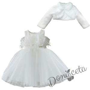 Комплект от официална детска рокля Анелия без ръкав с тюл и пухкаво болеро с якичка