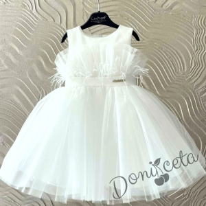 Комплект от официална детска рокля Анелия без ръкав с тюл и пухкаво болеро с якичка