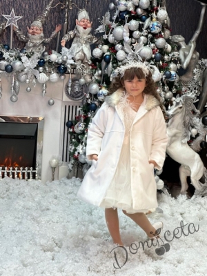 Комплект от рокля със зимно детско палто в бяло с качулка и джобчета