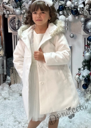 Комплект от рокля със зимно детско палто в бяло с качулка и джобчета