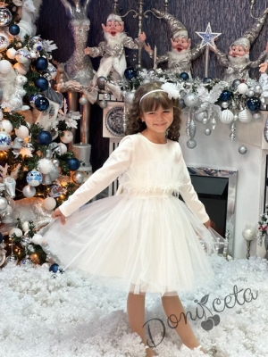 Комплект от рокля със зимно детско палто в бяло с качулка и джобчета