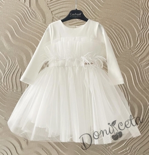 Комплект от рокля със зимно детско палто в бяло с качулка и джобчета