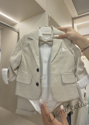 Бебешки комплект за момче от 4 части - сако в бежово, боди-риза в бяло и панталон в бежово с папийонка 126495210  от колекция Бежина