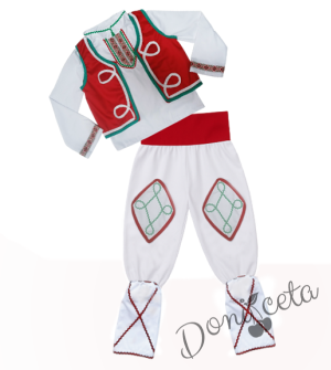 Мъжка или детска народна носия за момче 97 с калпак с фолклорни/етно мотиви, с елек и пояс в червено, гети и калпак 2