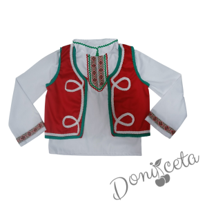 Мъжка или детска народна носия за момче 97 с калпак с фолклорни/етно мотиви, с елек и пояс в червено, гети и калпак 3