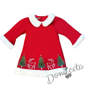 Коледна детска рокля в червено с плюш и коледна картинка 2