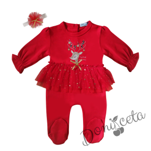 Коледен бебешки гащеризон с еленче и звездички в червено с диадема