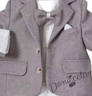 Бебешки комплект от 4 части за момче-сако в сиво, боди-риза в бяло и панталон в сиво с папийонка 2