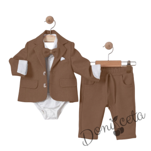 Бебешки комплект от 4 части за момче-сако в кафяво, боди-риза в бяло и панталон в кафяво с папийонка 2