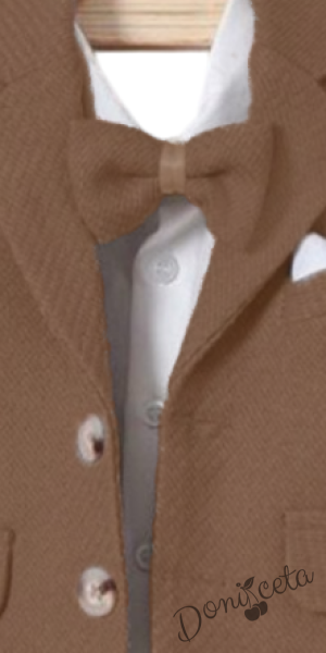 Бебешки комплект от 4 части за момче-сако в кафяво, боди-риза в бяло и панталон в кафяво с папийонка 1