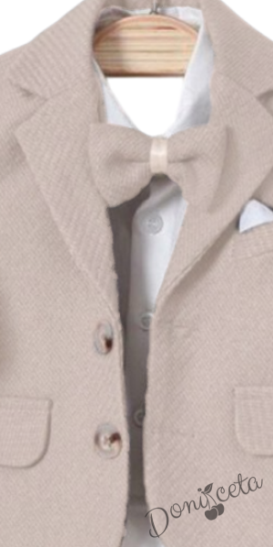 Бебешки комплект от 4 части за момче-сако в бежово, боди-риза в бяло и панталон в бежово с папийонка