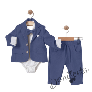 Бебешки комплект от 4 части за момче-сако в синьо, боди-риза в бяло и панталон в синьо с папийонка