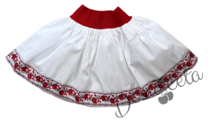 Комплект за момиче от 4 части-пола в бяло, блуза в червено с къдрици с фолклорни/етно мотиви, чорапи с панделка и диадема 3