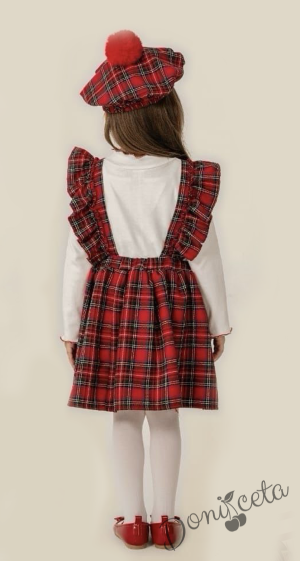 Коледен детски комплект за момиче от сукман в каре с панделки, блузка в бяло с къдрички и еленче и барета в каре 2