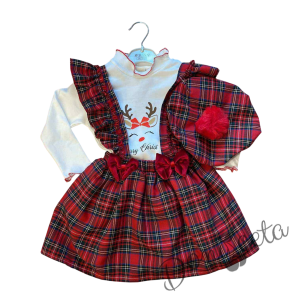 Коледен детски комплект за момиче от сукман в каре с панделки, блузка в бяло с къдрички и еленче и барета в каре 3