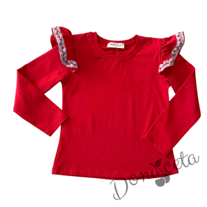 Комплект за момиче от 3 части-пола в бяло, блуза в червено с къдрици с фолклорни/етно мотиви и диадема