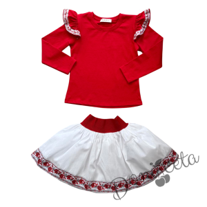 Комплект за момиче от 3 части-пола в бяло, блуза в червено с къдрици с фолклорни/етно мотиви и диадема