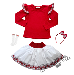 Комплект за момиче от 4 части-пола в бяло, блуза в червено с къдрици с фолклорни/етно мотиви, чорапи в бяло с панделка и диадема 1