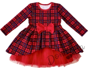 Официална бебешка/детска рокля Надежда в каре с дълъг ръкав и тюл в червено