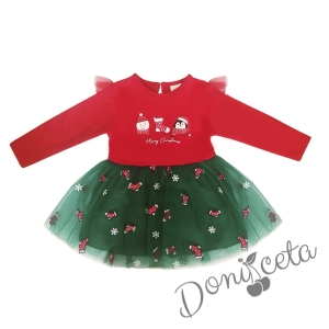 Коледна бебешка рокля в червено с тюл в зелено с коледни мотиви 1