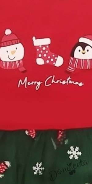 Коледна бебешка рокля в червено с тюл в зелено с коледни мотиви 2