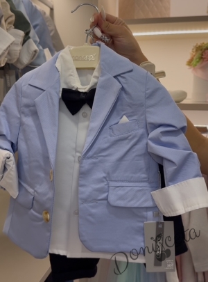 Бебешки комплект за момче от 4 части - сако в светлосиньо, панталон в тъмносиньо, риза в бяло и папийонка