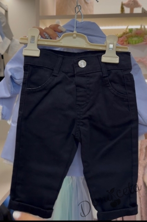 Бебешки комплект за момче от 4 части - сако в светлосиньо, панталон в тъмносиньо, риза в бяло и папийонка