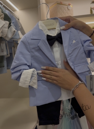 Бебешки комплект за момче от 4 части - сако в светлосиньо, панталон в тъмносиньо, риза в бяло и папийонка