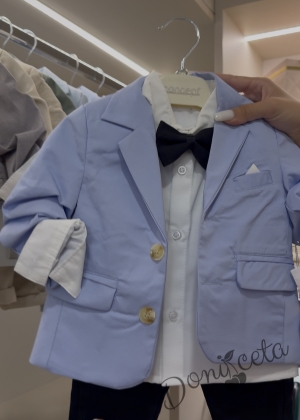 Бебешки комплект за момче от 4 части - сако в светлосиньо, панталон в тъмносиньо, риза в бяло и папийонка