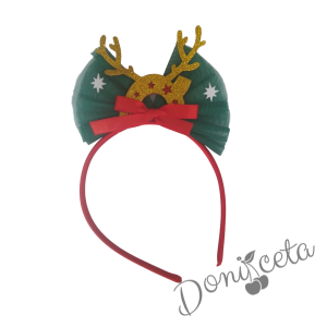 Детска коледна рокля в червено с тюл в зелено с коледни мотиви и диадема  2