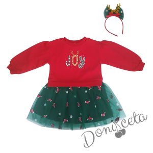 Детска коледна рокля в червено с тюл в зелено с коледни мотиви и диадема 3