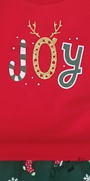 Детска коледна рокля в червено с тюл в зелено с коледни мотиви и диадема 4